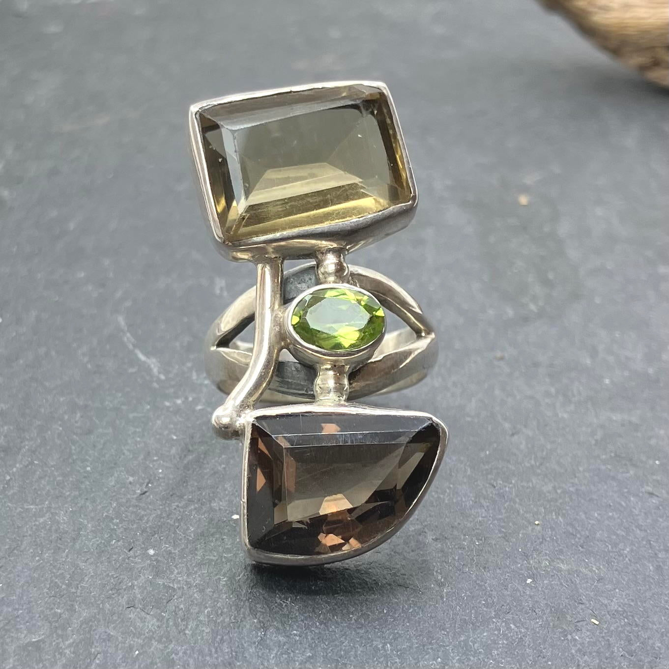 Citrine Smokey Quartz Peridot and Sterling Silver Ring Long