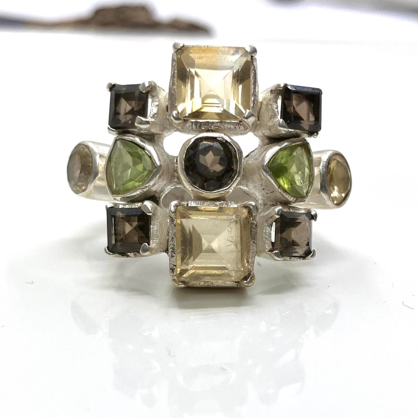 Citrine Smokey Quartz Peridot and Sterling Silver Ring