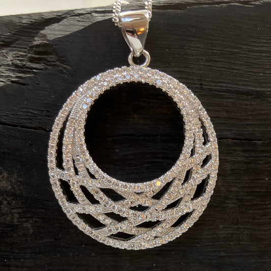 Sterling Silver  Pendant CZ 2 Circle on Silver Chain