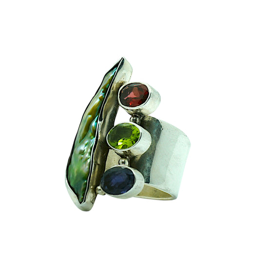 Freshwater Pearl with Garnet, Peridot and Iolite Sterling Silver Ring