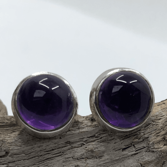 Amethyst and Sterling Silver Round Stone Bezel Set Studs