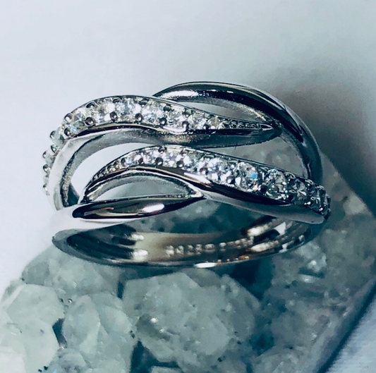White Cubic Zirconia Sterling Silver Double Wave Ring
