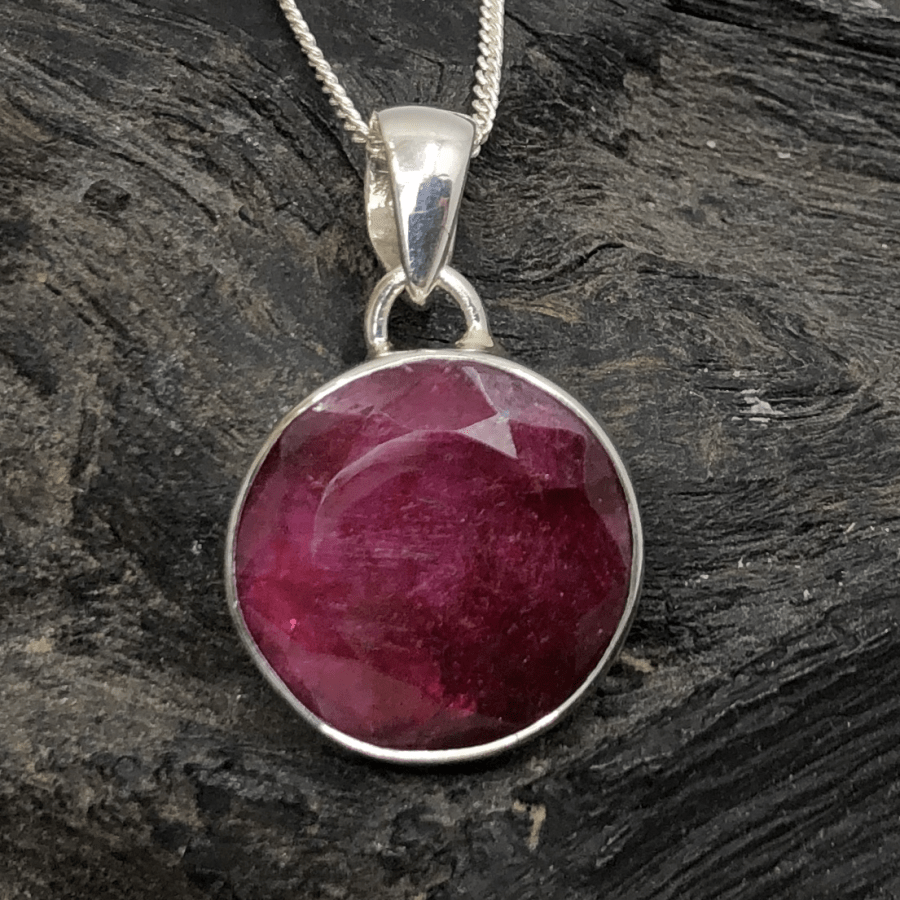 Ruby and Sterling Silver Round Pendant and Silver Chain