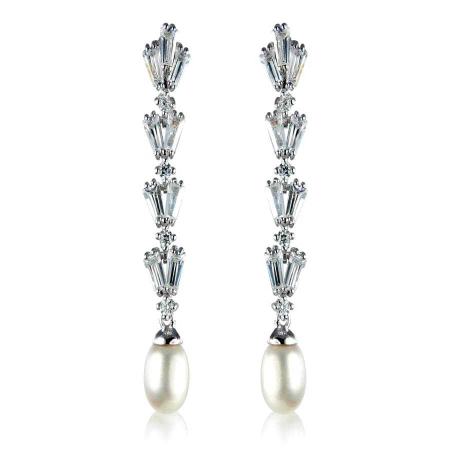 White Cubic Zirconia and Pearl Drop Sterling Silver Earrings