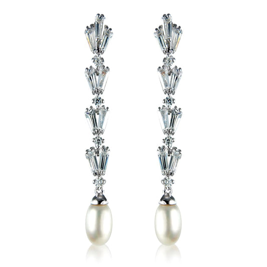 White Cubic Zirconia and Pearl Drop Sterling Silver Earrings