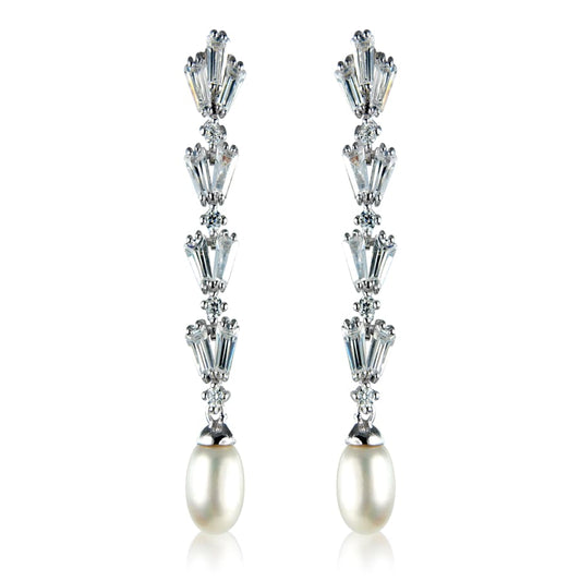 White Cubic Zirconia and Pearl Drop Sterling Silver Earrings