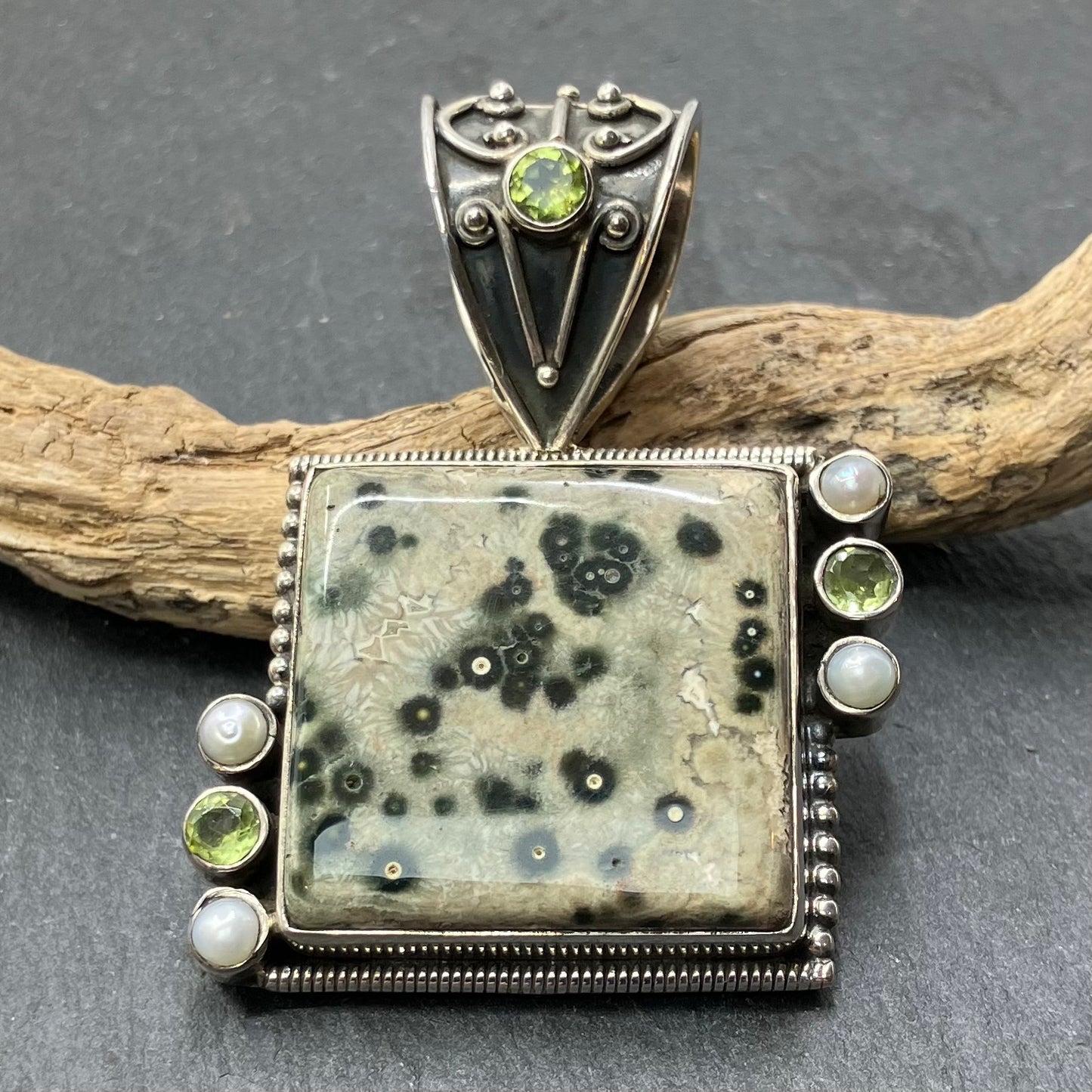 Forest Jaspar and Sterling Silver Square with Peridots and Pearls