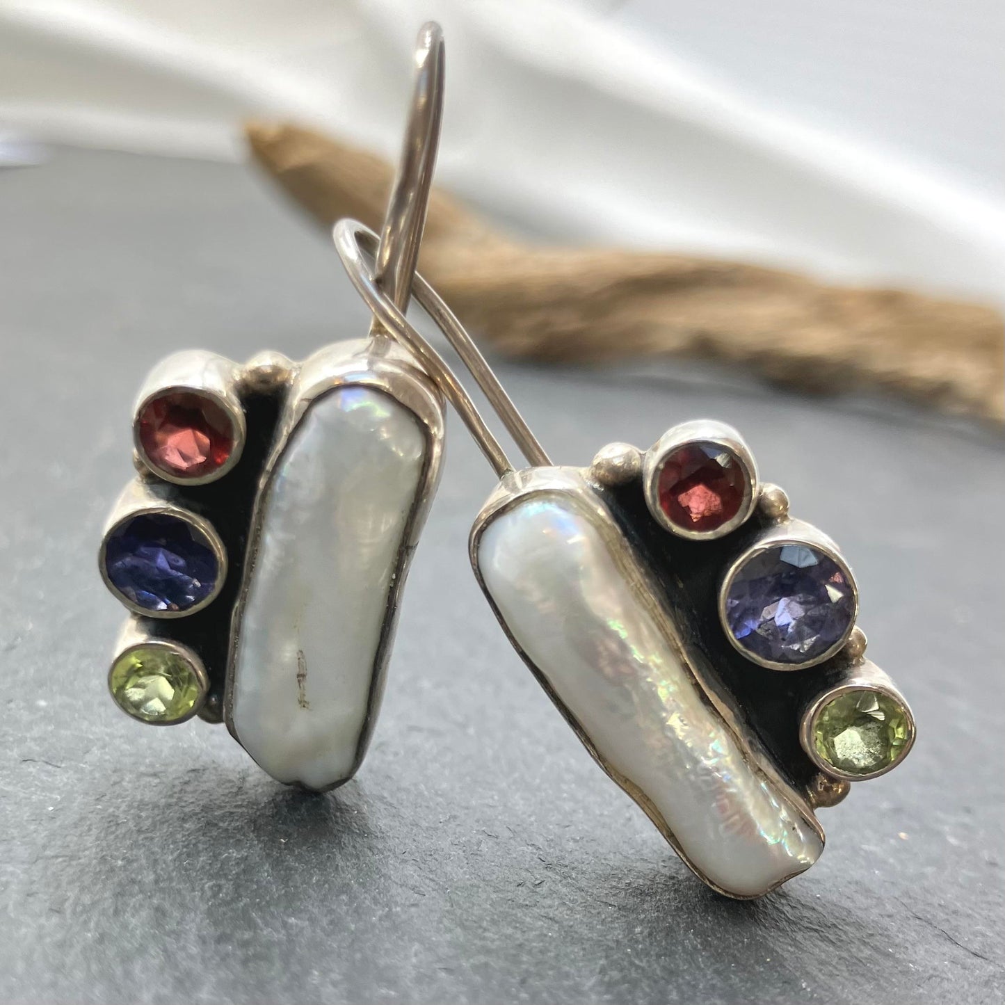 Freshwater Pearl and Multistone Sterling Silver Earrings