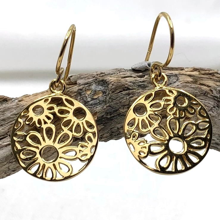 Gold Plated Silver Earrings Round with Flowers