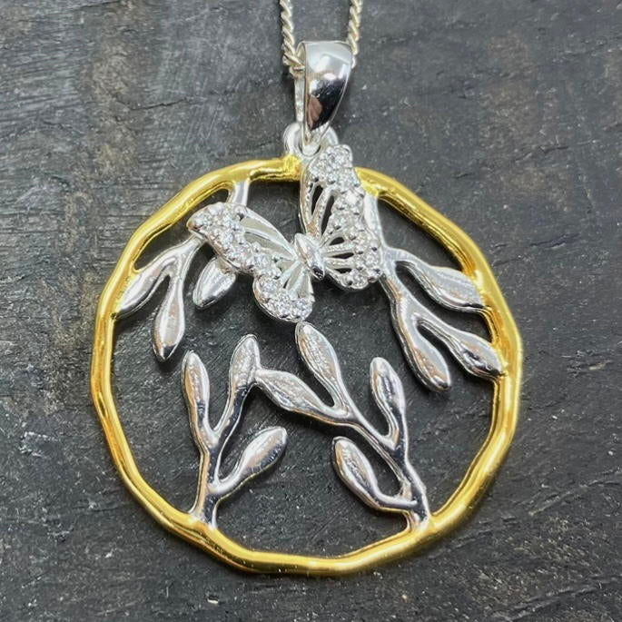 Gold Plated Sterling Silver and CZ Pendant Butterfly on Silver Chain