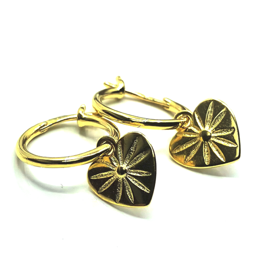 Gold Plated Sterling Silver Hoop Earrings Diamond Cut Hearts
