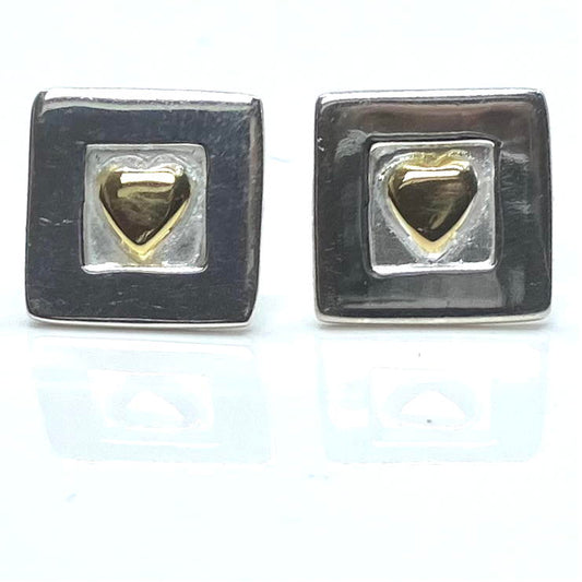 Sterling Silver and Gold Plated Heart Studs Square