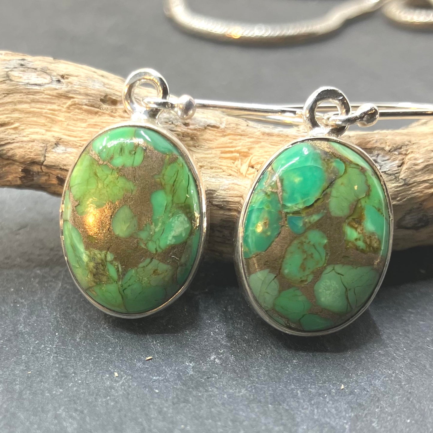 Green Turquoise and Sterling Silver Earrings Oval big