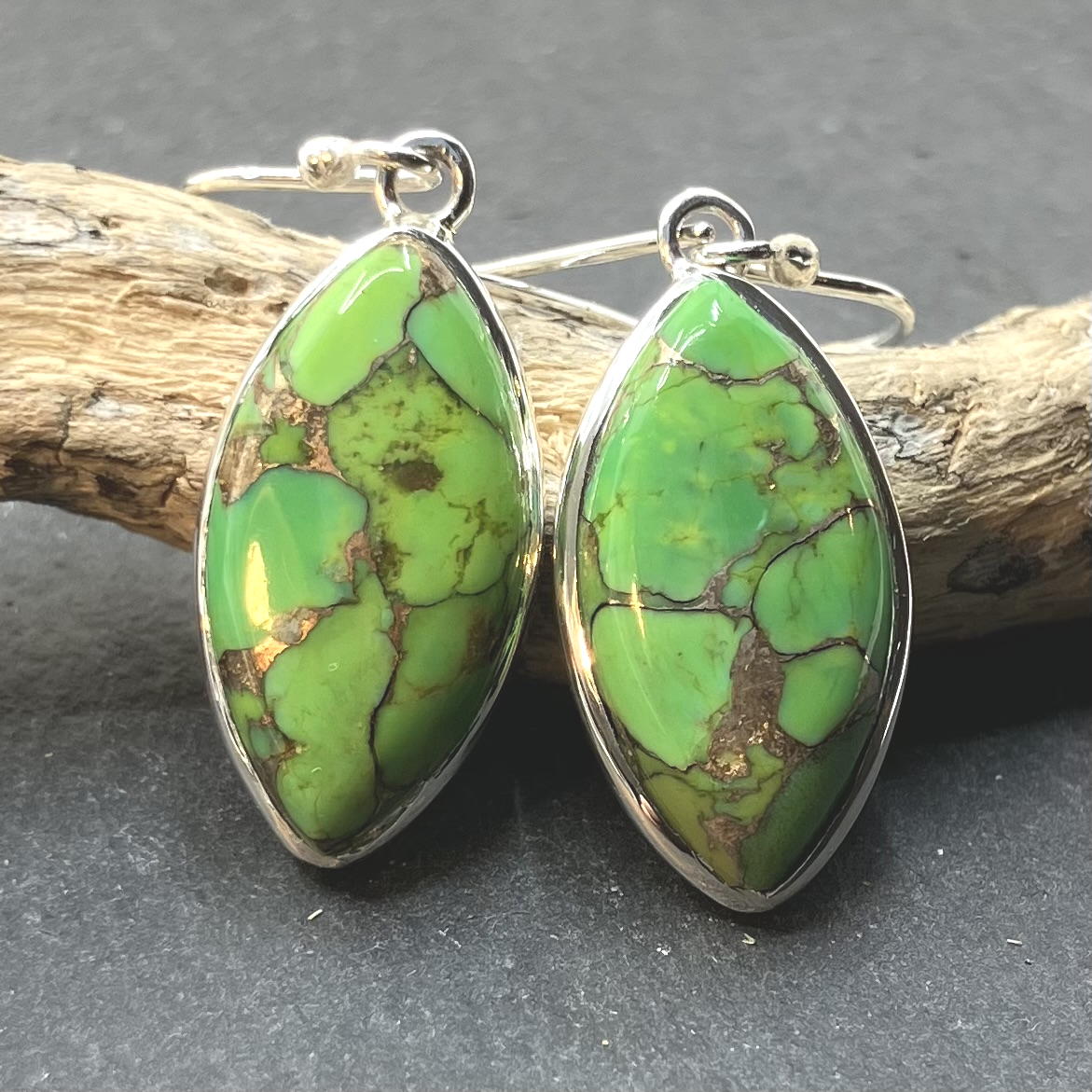 Green Turquoise and Sterling Silver Earrings Marquise