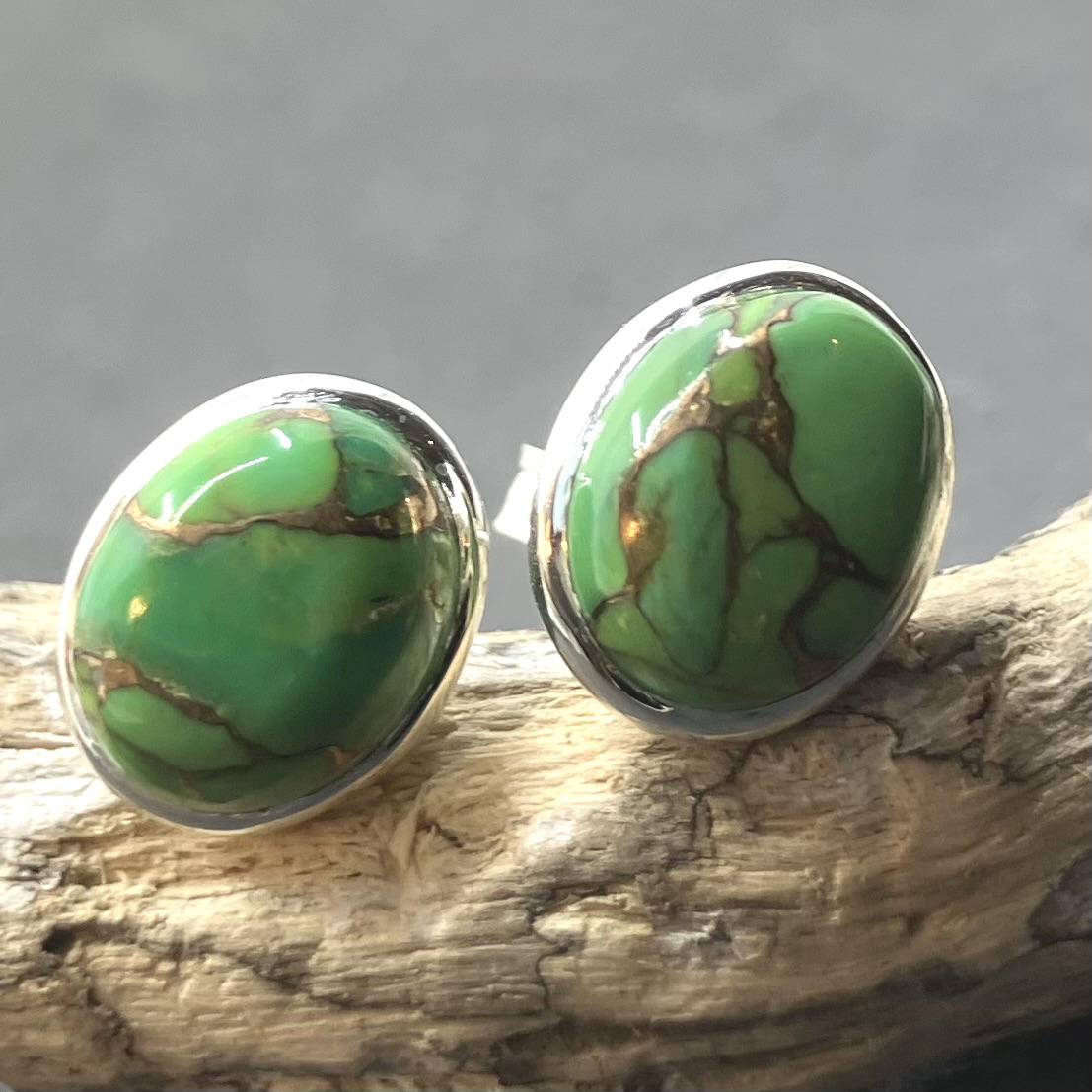 Green Turquoise and Sterling Silver Studs Oval