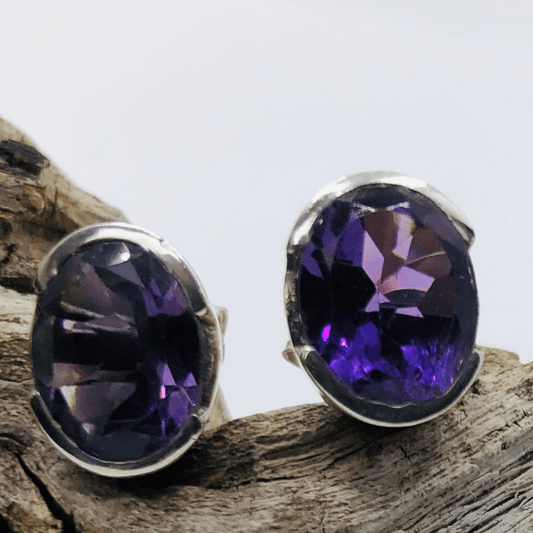 Amethyst and Sterling Silver Oval Cut Stone Studs