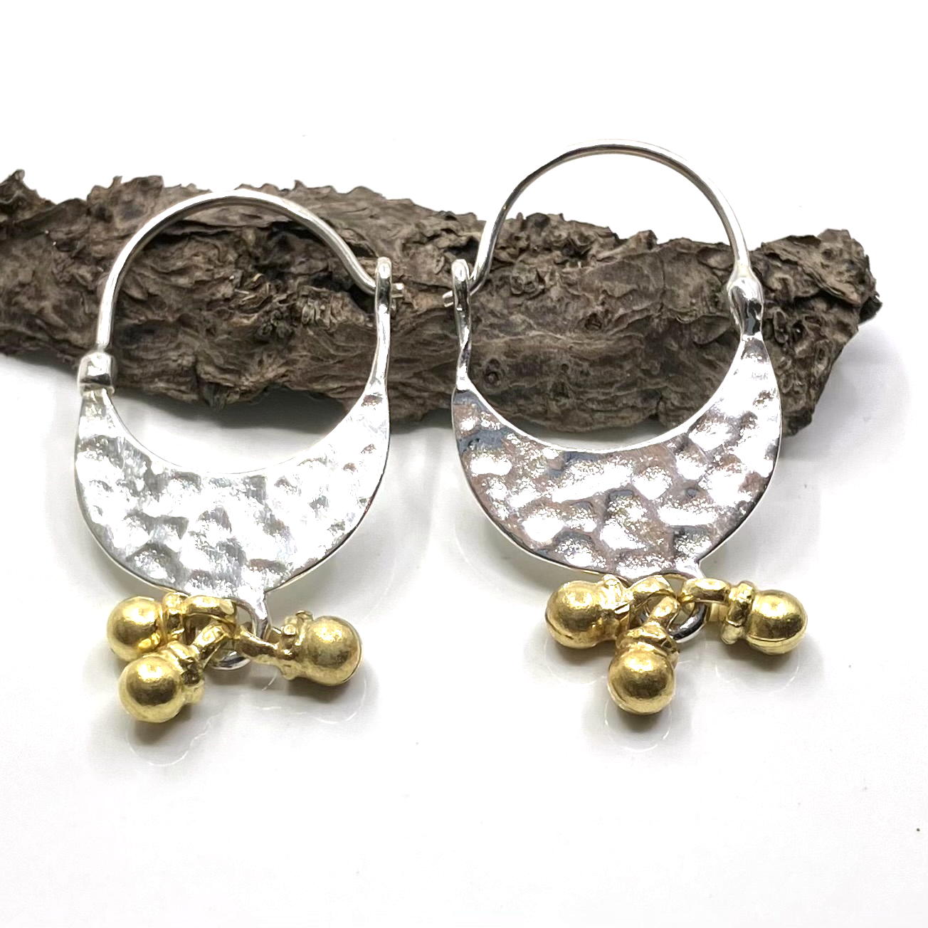 Gold Plated Sterling Silver Earrings Flat Hoops 3 balls