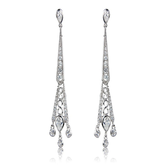 White CZ and Sterling Silver Long Vintage Earrings