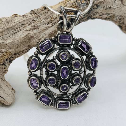 Amethyst and Sterling Silver 17 Stone Pendant and Silver Chain
