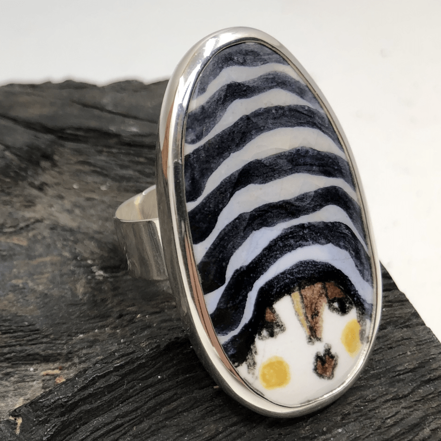 Handmade Ceramic Face in Sterling Silver Ring Cio