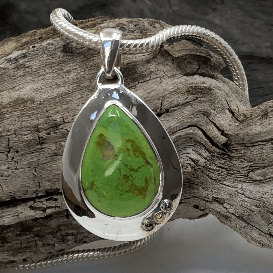 Green Turquoise and Sterling Silver 3 Ball Pendant and Silver Chain