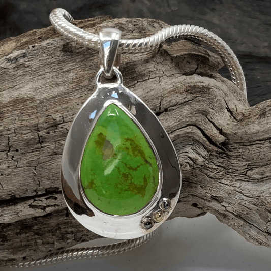 Green Turquoise and Sterling Silver 3 Ball Pendant and Silver Chain