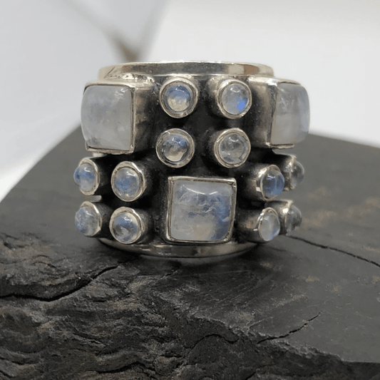 Rainbow Moonstone and Sterling Silver 15 Stone Ring
