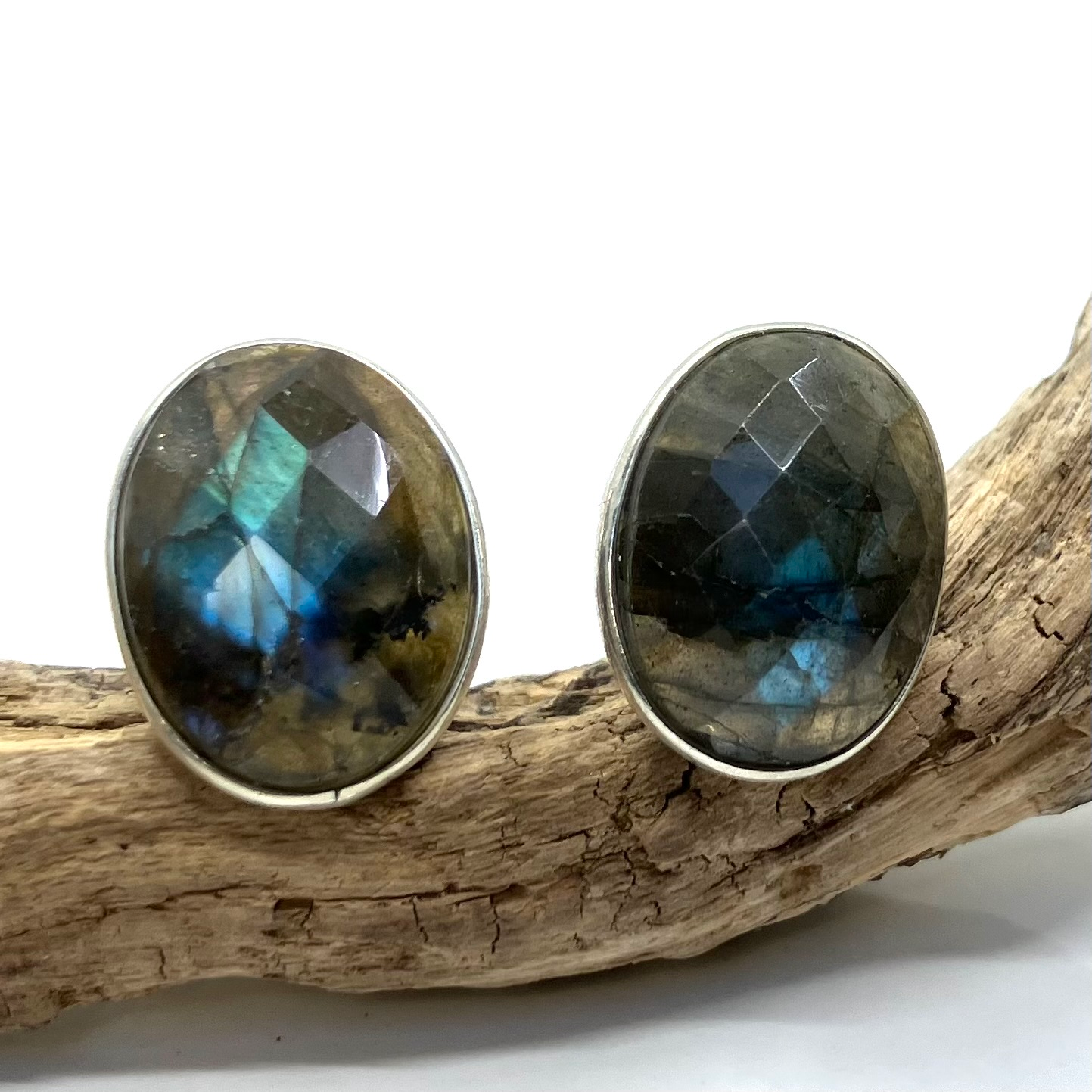 Labradorite and Sterling Silver Earrings Studs Oval Cut