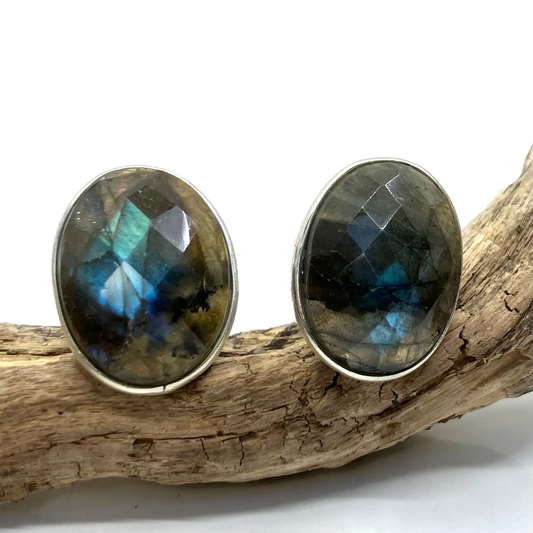 Labradorite and Sterling Silver Earrings Studs Oval Cut