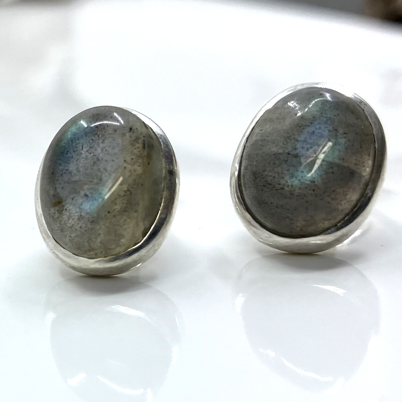 Labradorite and Sterling Silver Earrings Studs Oval Small