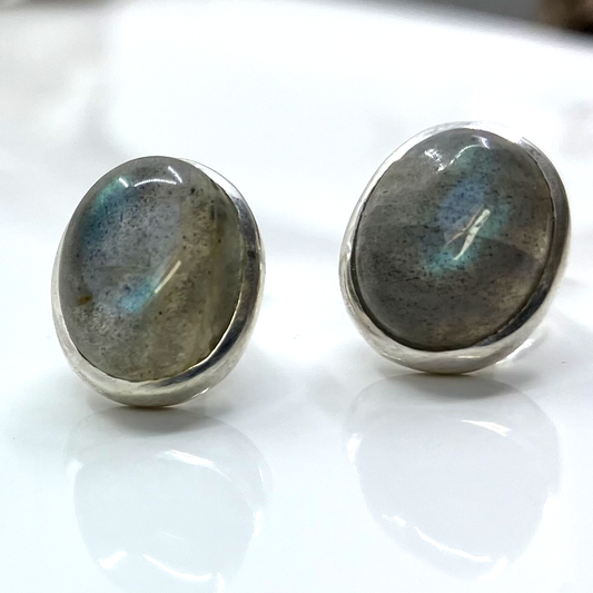 Labradorite and Sterling Silver Earrings Studs Oval Small