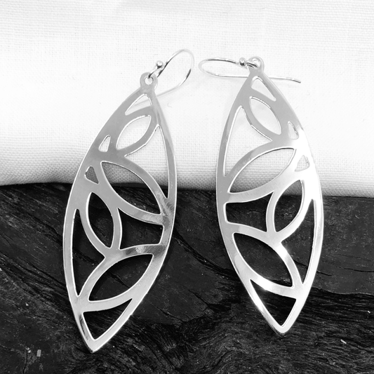 Sterling Silver Long Leaf Motif Earring