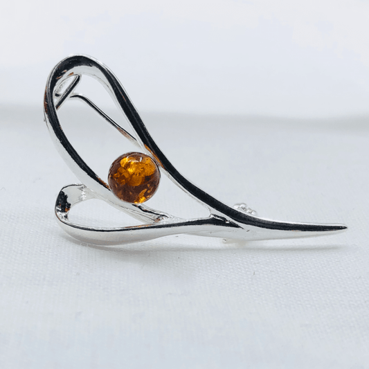 Amber and Sterling Silver Heart Brooch
