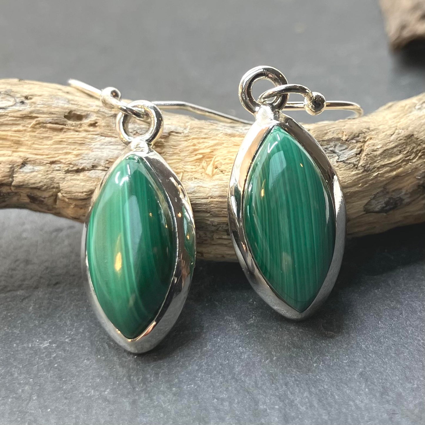 Malachite and Sterling Silver Earrings Marquise