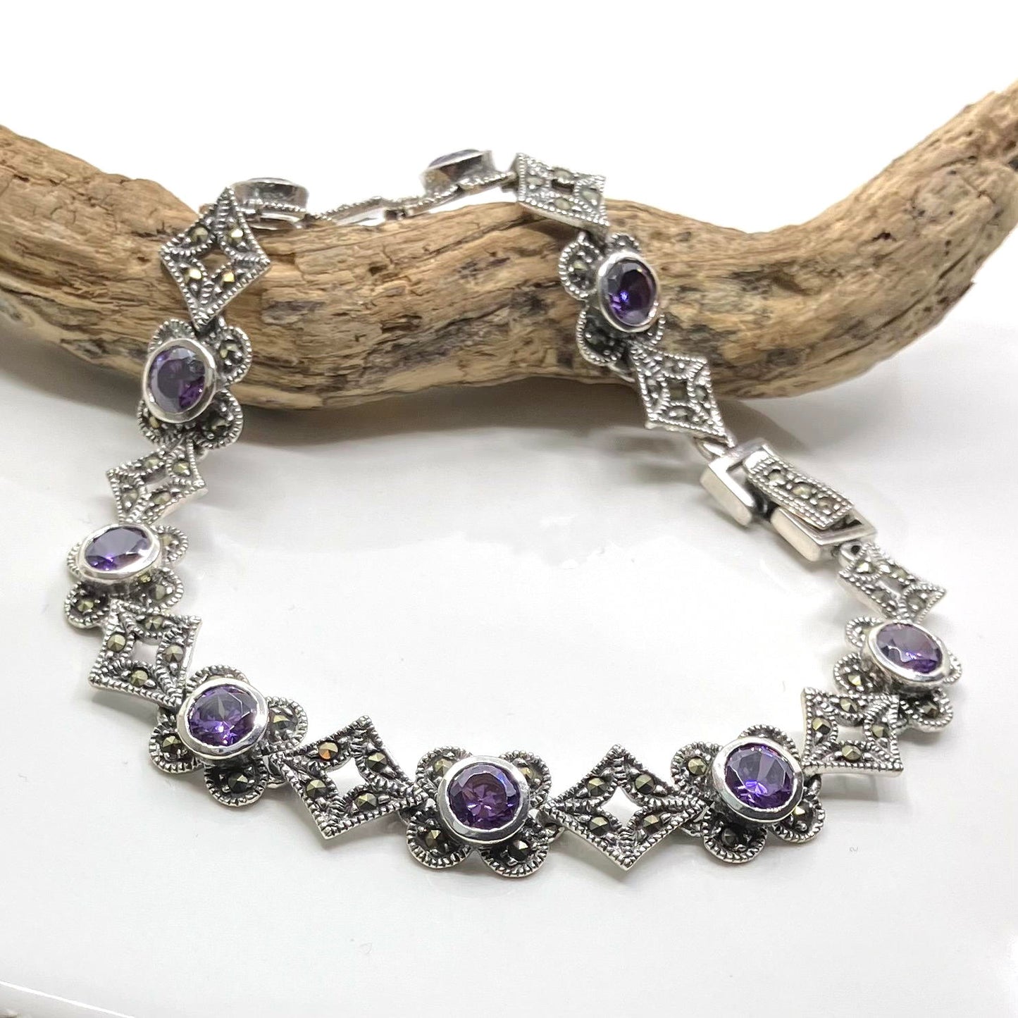 Marcasite and Sterling Silver Bracelet with 9 Amethyst CZ