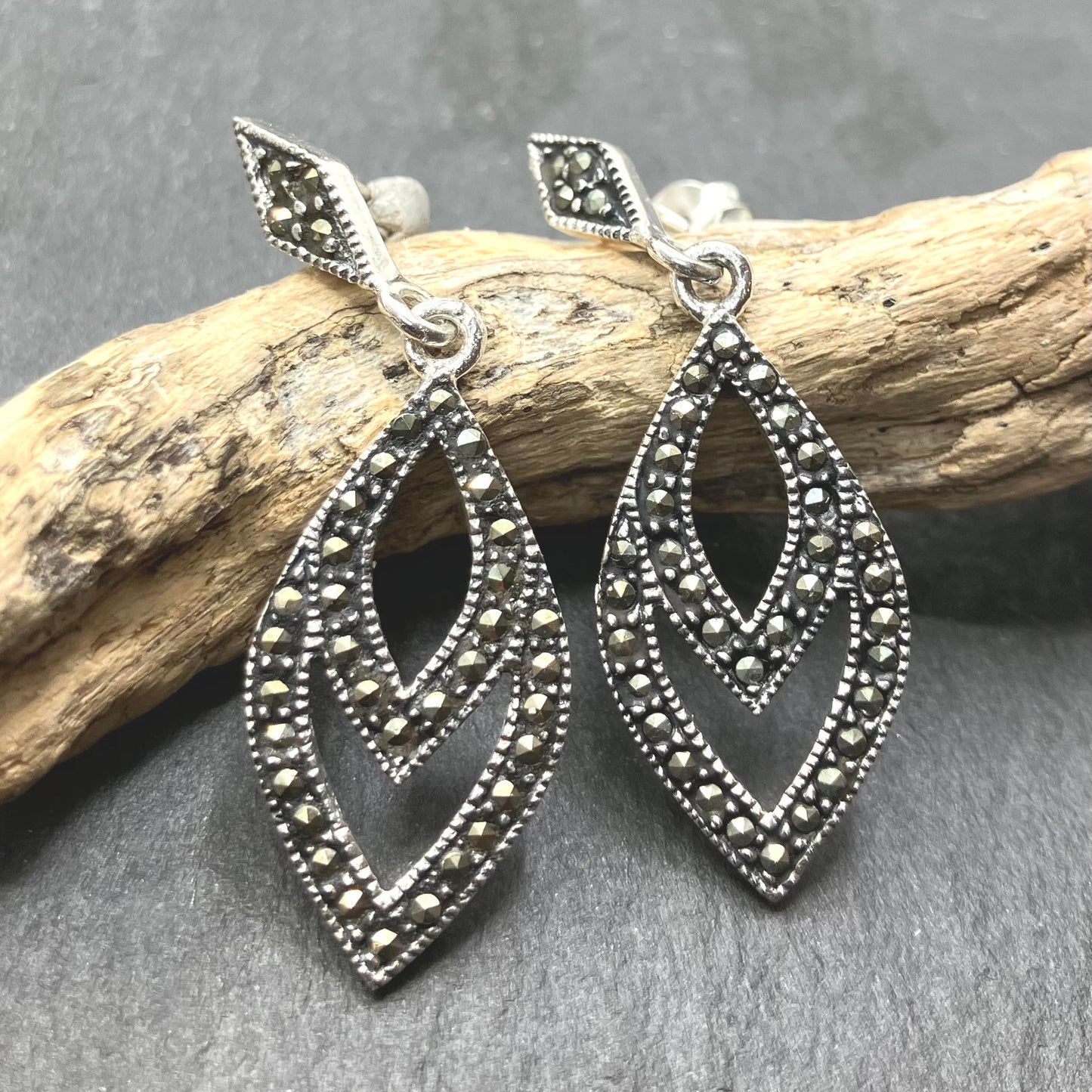 Marcasite and Sterling Silver Earrings Double Diamond