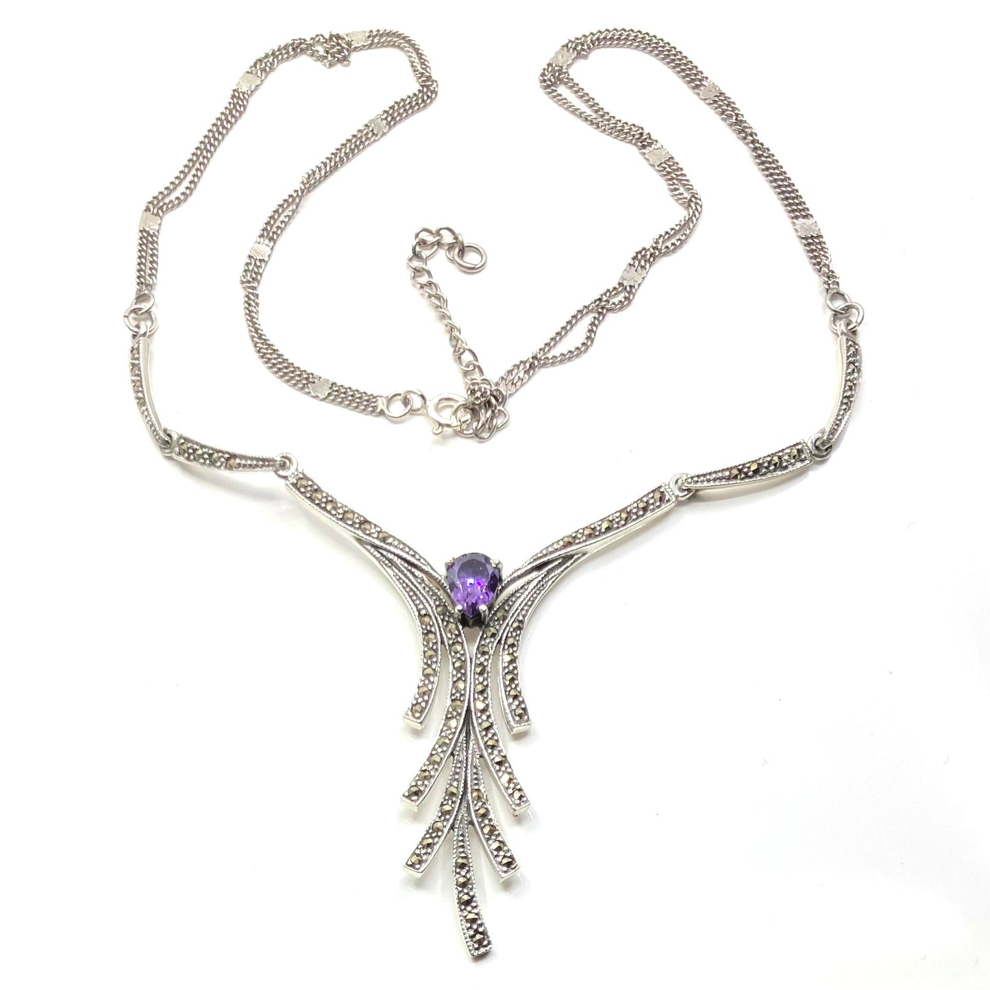 Marcasite and Sterling Silver Necklace with Amethyst Cz centre
