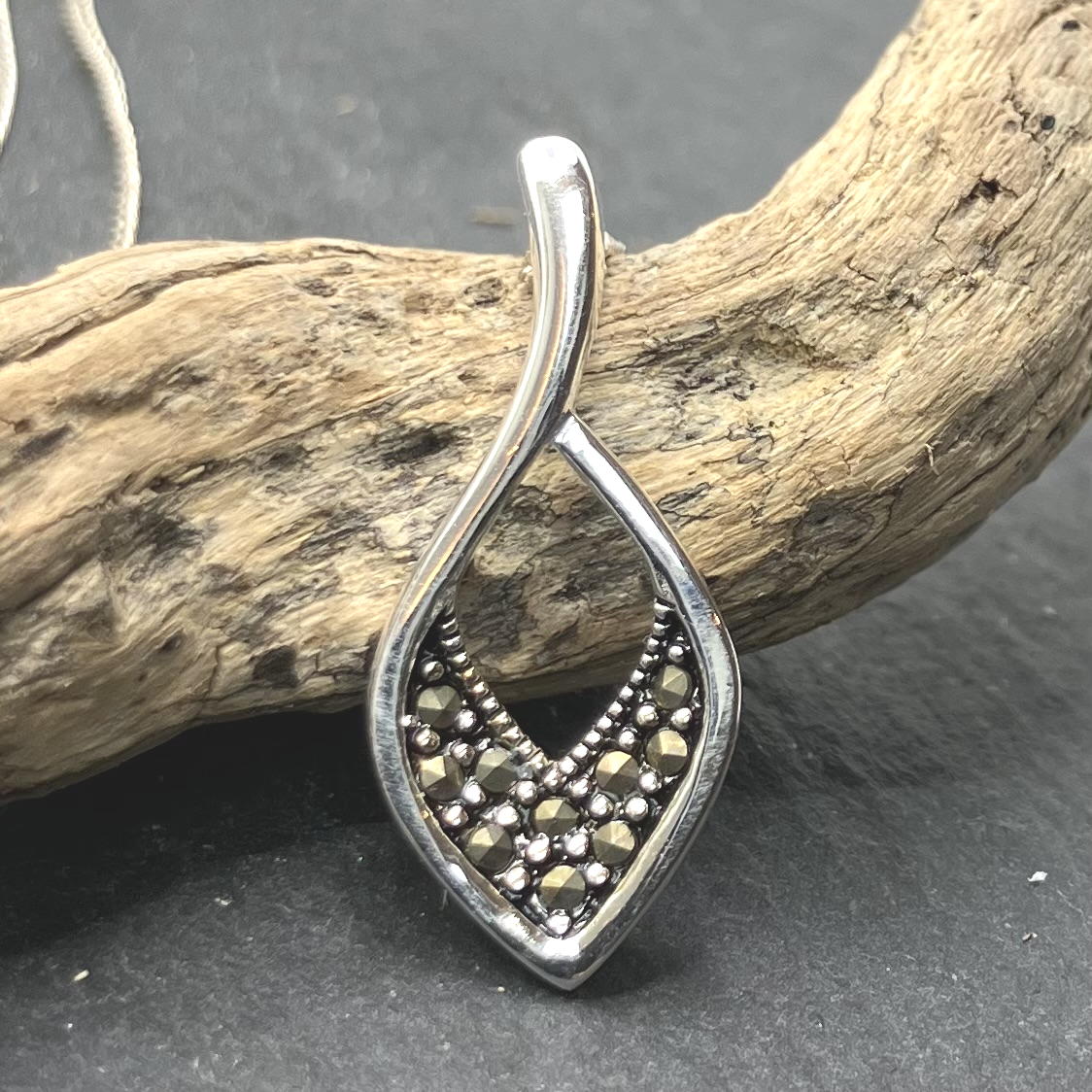 Marcasite and Sterling Silver Pendant open Marquise on Silver Curb Chain