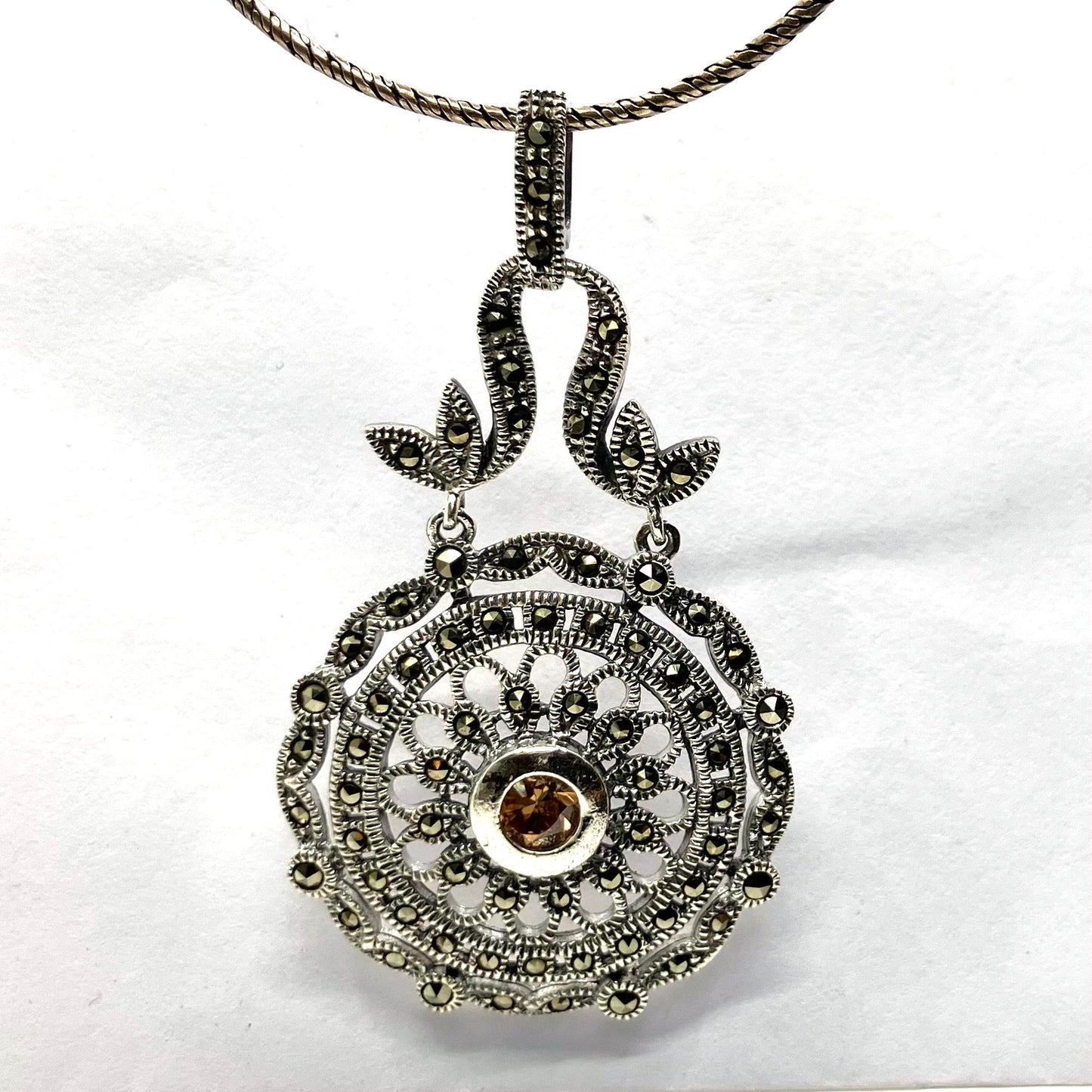 Marcasite and Sterling Silver Pendant with Champagne Cz round long on Ox Silver Chain