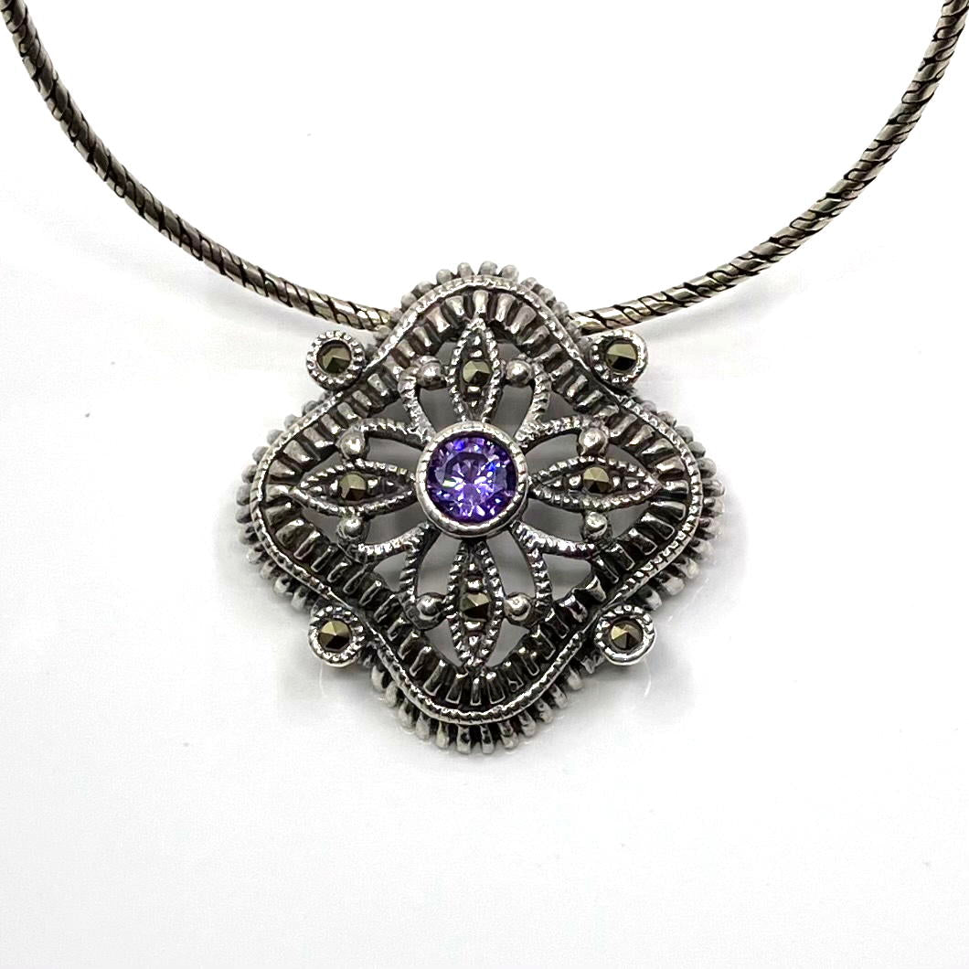 Marcasite and Sterling Silver Pendant with Amethyst CZ Centre on Ox Silver Chain