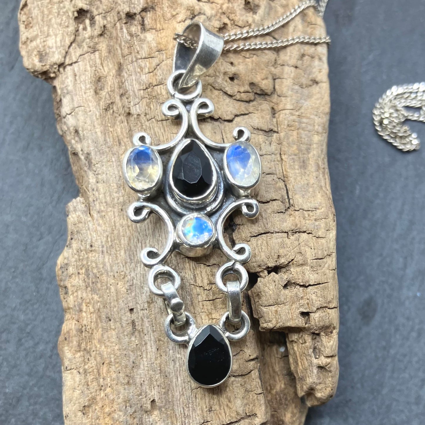 Moonstone and Onyx Sterling Silver Pendant 5 Stone on Silver Chain