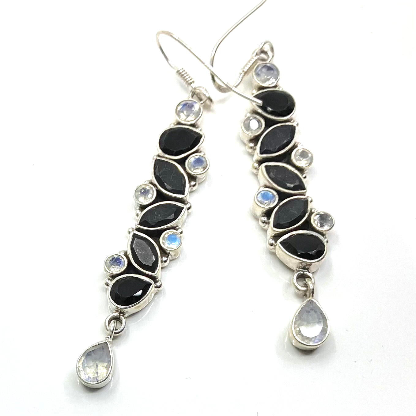 Moonstone and Onyx Sterling Silver Earrings 11 Stone