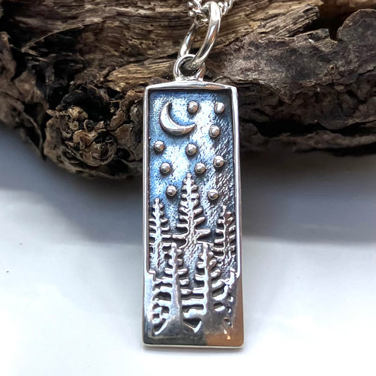 Sterling Silver Pendant Oxidised Moon Stars Trees on Silver Chain