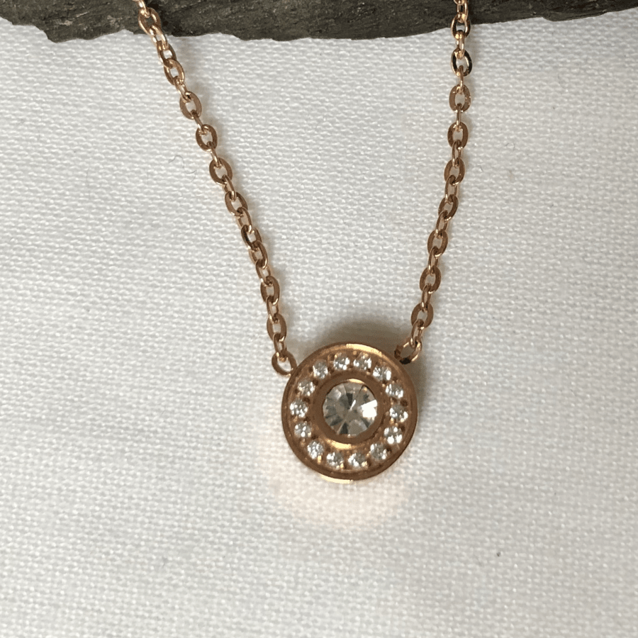 Stainless Steel Necklace with Halo Style CZ Stones
