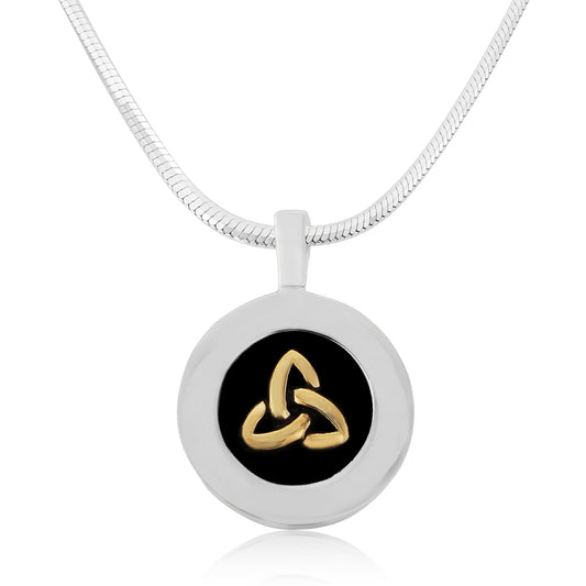 Gold Plated Silver Celtic Trinity Knot in Oxidised Circle Pendant and Chain