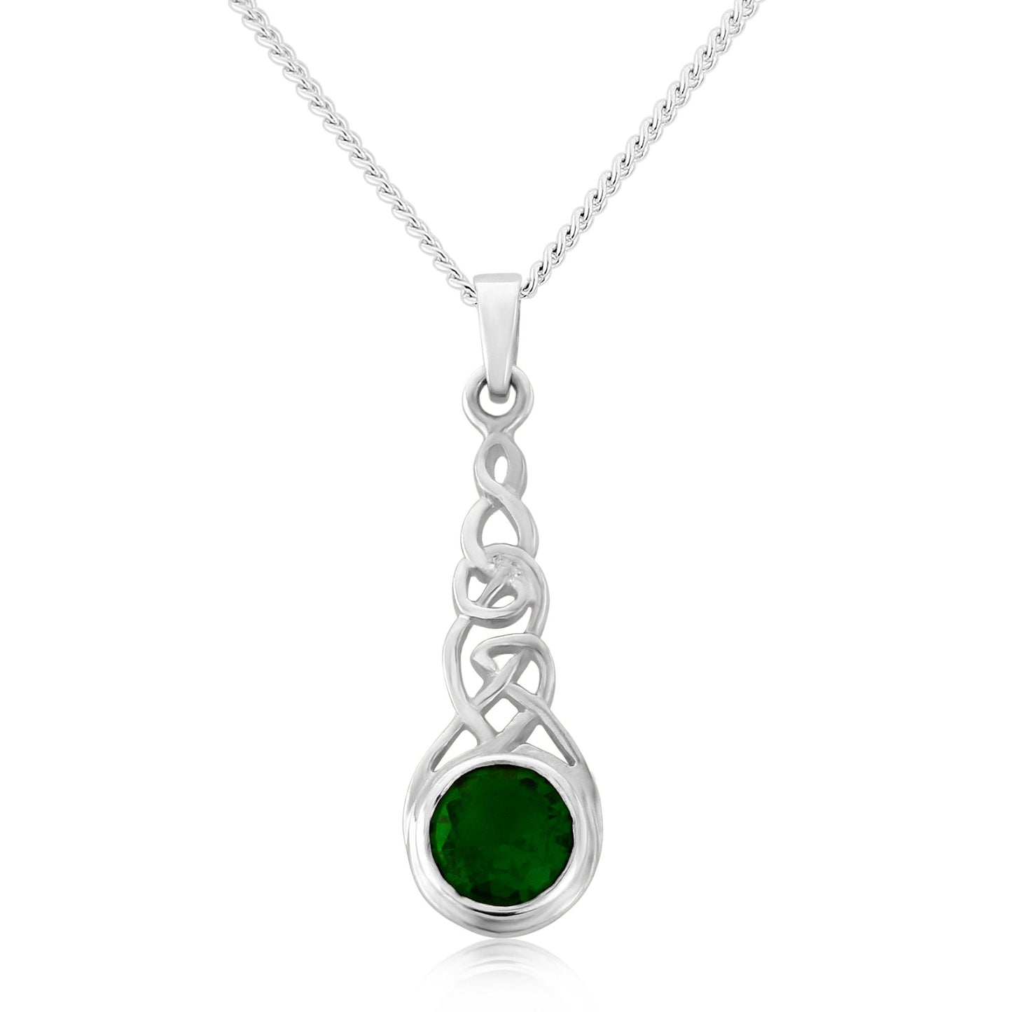 Celtic Knot Silver and Emerald CZ Pendant on Silver Chain