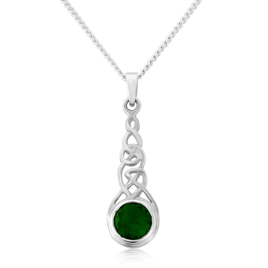 Celtic Knot Silver and Emerald CZ  Pendant on Silver Chain