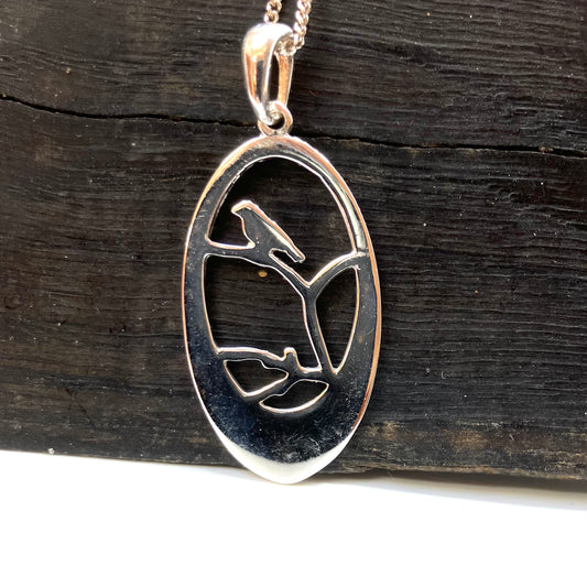 Sterling Silver Oval Pendant with Bird on Branch on Silver Chain