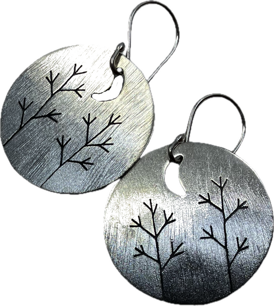 Oxidised Sterling Silver Earrings Round Moon and Trees