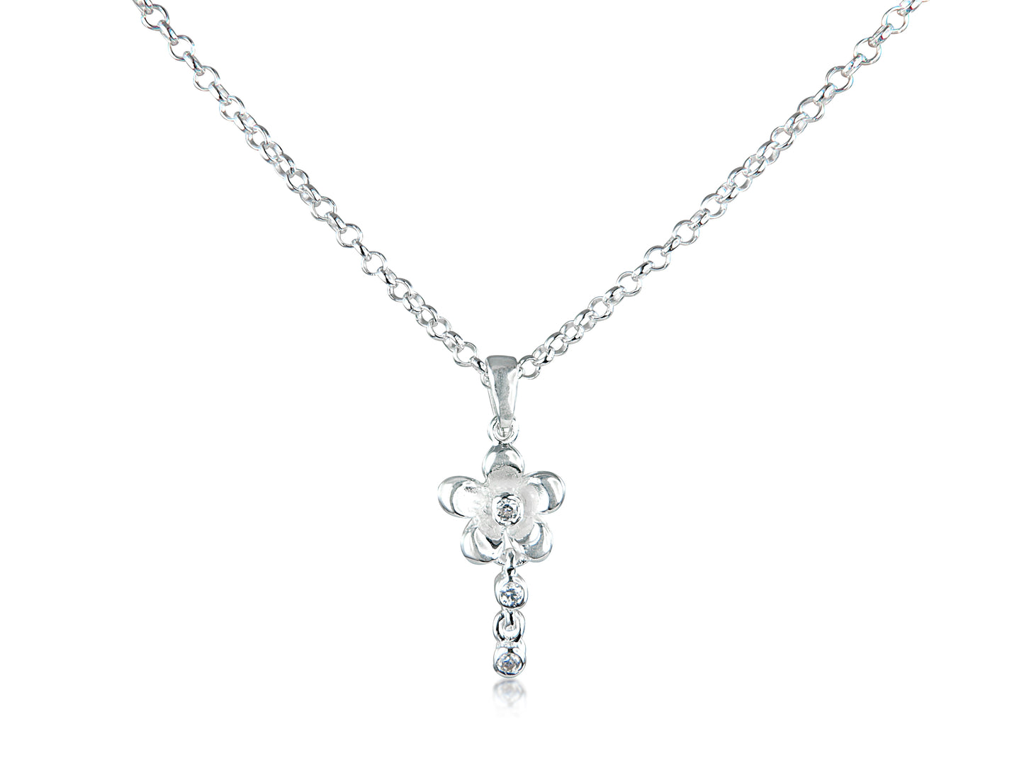 Sterling Silver Flower with CZ Stone Pendant and Chain